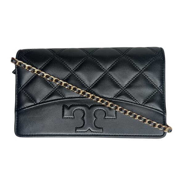 Tory Burch Savannah Black Quilted Leather Flat Wallet Chain Crossbody Bag